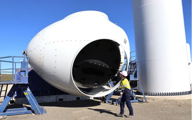 The rotor hub of a wind turbine at Brandvalley Wind Farm. The rotor hub holds the blades and connects them to the main shaft of the wind turbine. 