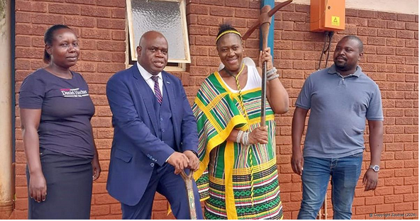 From left to right: Cllr Thabelo Munzhedzi, Cllr Samuel Munyai (head of technical services at the VDM), Executive Mayor of VDM Freda Nkondo (with the pick), and Mr Aluwani Ramasha (contractor at HTE Construction)