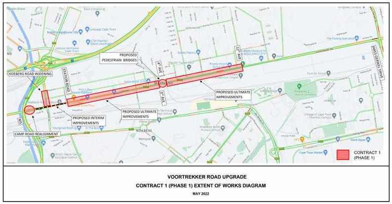 A map indicating the proposed upgrades for the first phase of the Voortrekker Road project.