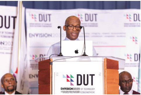 The Durban University of Technology vice chancellor, Professor Thandwa Mthembu, delivering the state of the university address at Indumiso Campus in Imbali township on Friday.