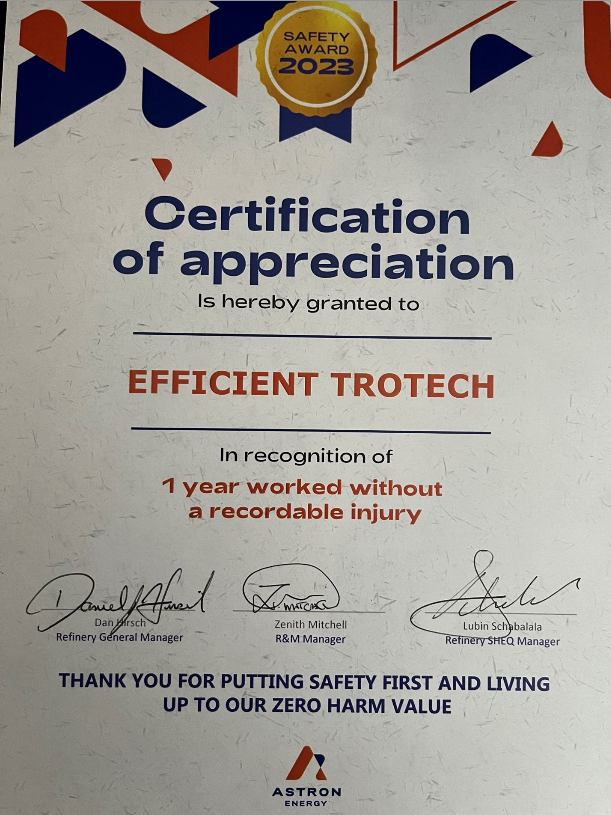 On 7 June 2024, the TROTECH Astron Energy Maintenance Team achieved two years of injury-free performance at Astron Energy’s state-of-the-art refinery in Cape Town, Western Cape.