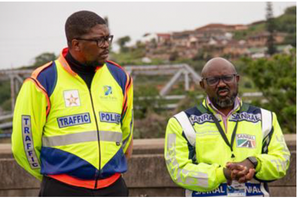 Deputy Transport Minister Mkhuleko Hlengwa and SANRAL CEO, Reginald Demana, inspecting damage to the Mbokodweni River Bridge in Durban, KwaZulu-Natal