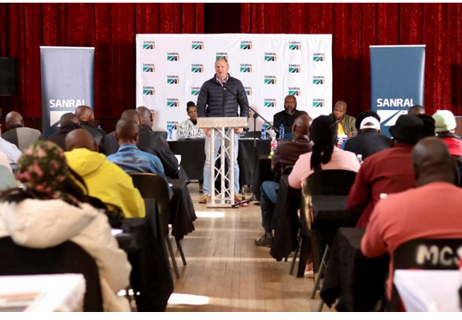 Hugh Brooks, SANRAL’s Eastern Region Project Manager, presenting upcoming  projects to the Winburg community in Masilonyana Local Municipality