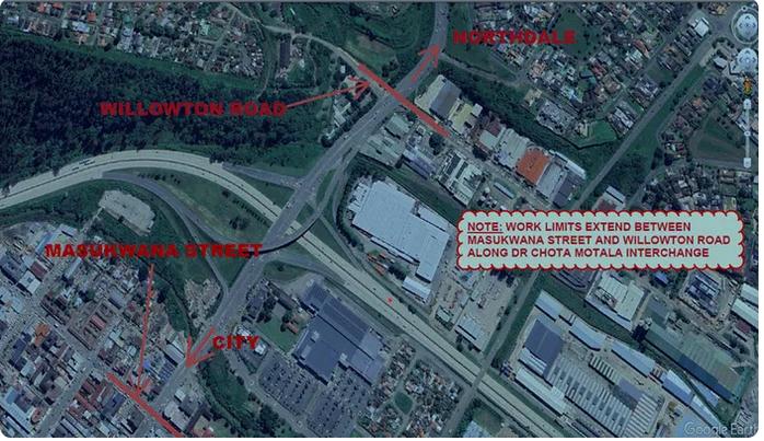 Motorists are warned of temporary road and lane closures associated with the replacement of bridge parapets at the Dr Chota Motala interchange above the N3 national road in Pietermaritzburg.