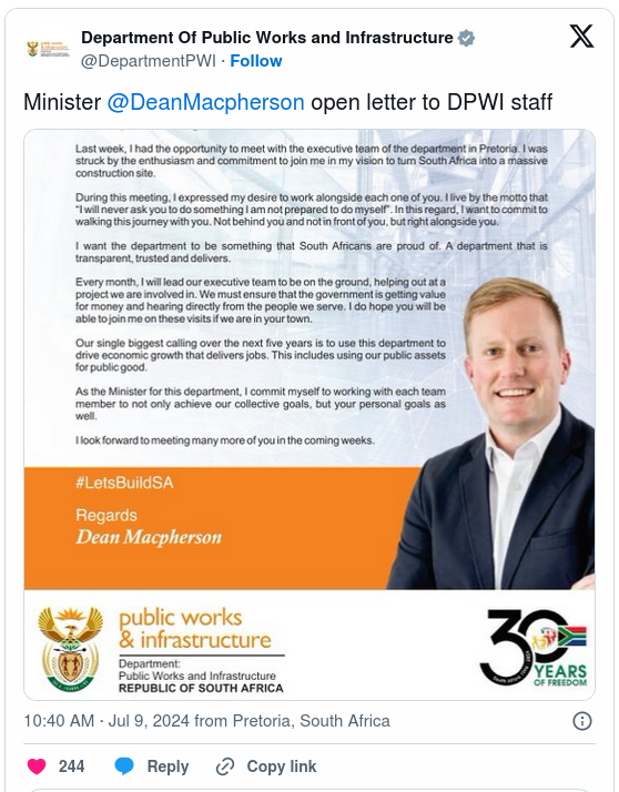 Minister @DeanMacpherson open letter to DPWI staff