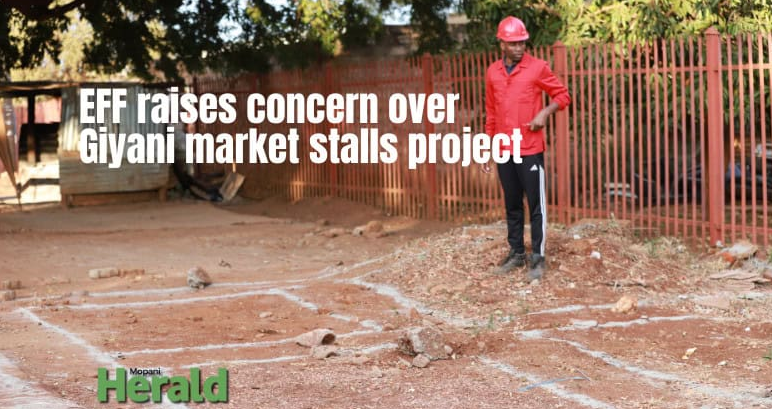  EFF chief whip Austin Mabasa points to the site where a contractor had begun marking in preparation for the construction of market stalls directly along the path of a water pipeline. 
