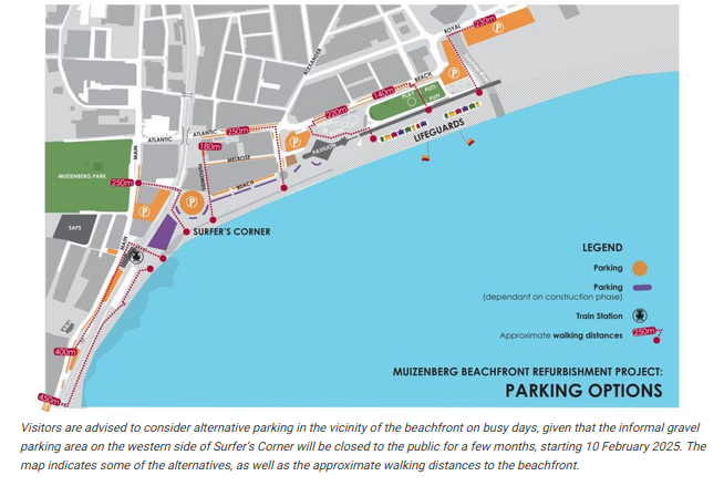 The map indicates some of the alternatives, as well as the approximate walking distances to the beachfront.