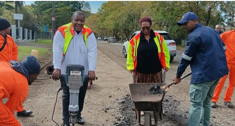 From left: Msunduzi Mayor MziThebolla with municipal speaker Eunic Majola and deputy mayor Mxolisi Mkhize during the oversight visit on Howick Road.
