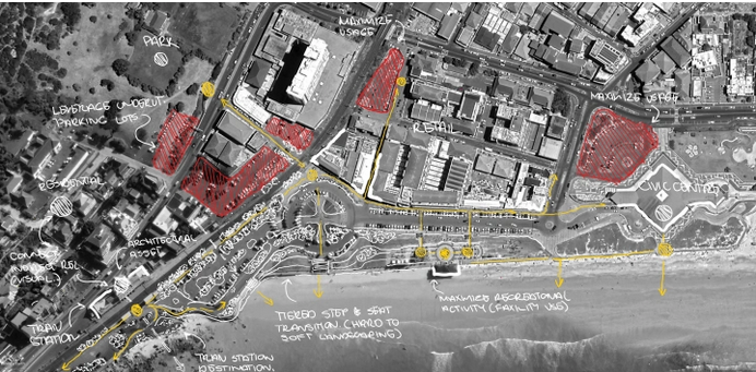 This sketch, ‘South Africa is more than a car park’, is by UCT Planning Student and Young Urbanist Member Ayanda Made. The red shows where nearby parking lots can be leveraged