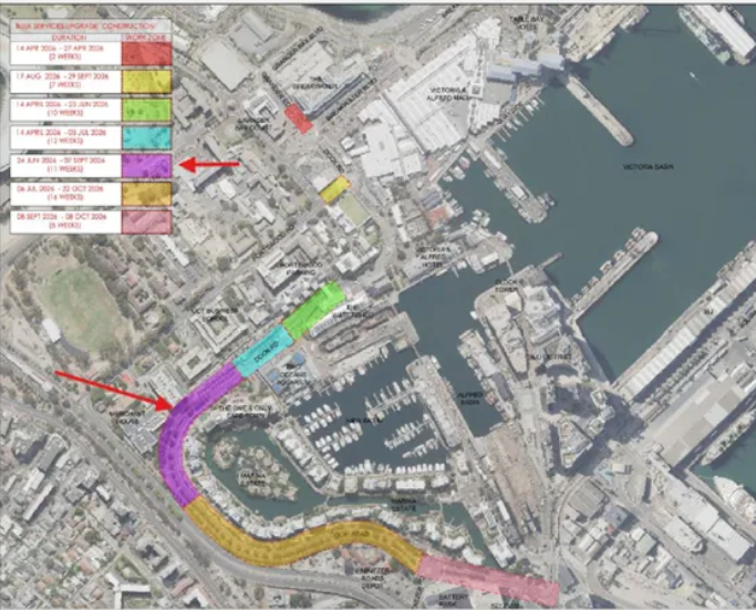 The works will now move up Dock Road from One&Only hotel towards Ebenezer Circle; the area marked in purple in the accompanying image.