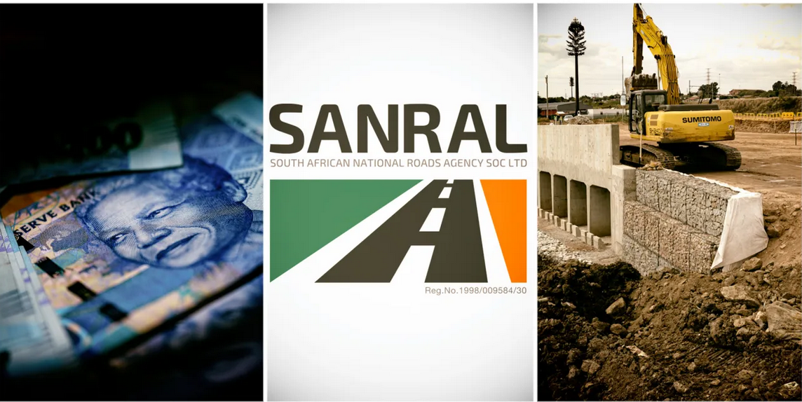 A selection South African rand banknotes. Sanral logo. Construction of a bridge along Klipspruit Valley Road on 21 April 2023 in Soweto, South Africa. 