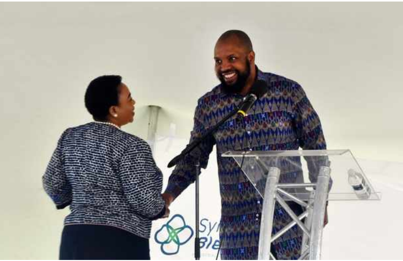  KZN Premier Nomusa Dube-Ncube shake hands with the KZN Economic Development Environment affairs and Toursim MEC Siboniso Duma, during a sod turning ceremory where a a chemical manufacturing plant that is set to be built soon at the Dube Trade Port.
