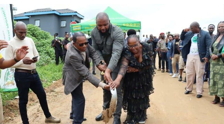 At the sod-turning ceremony are (from left) Inkosi Bhekizizwe Nzimakwe, Transport MEC Siboniso Duma, and Ray Nkonyeni Municipality mayor Zodwa Mzindle.