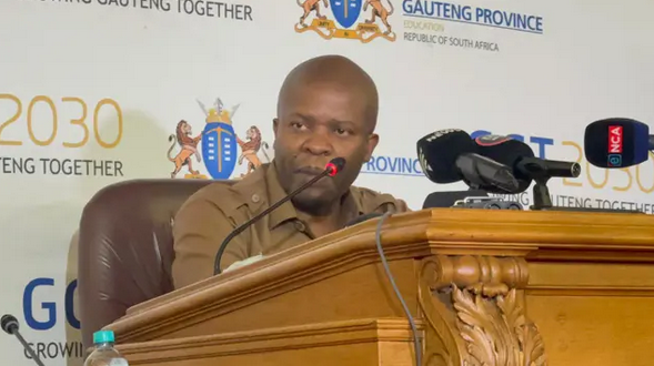Gauteng Education MEC Lebogang Maile speaks during a media briefing on 28 April 2026.